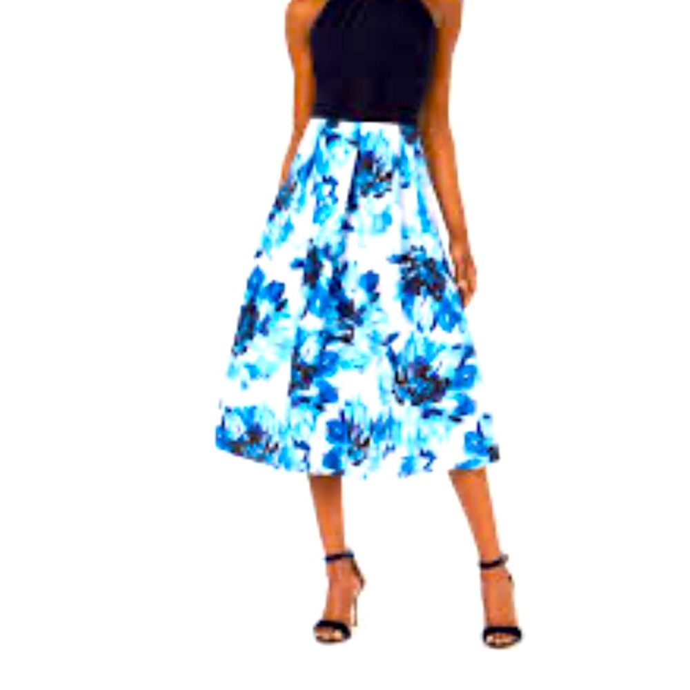 SLNY Black Top Blue Floral Midi Prom Dress